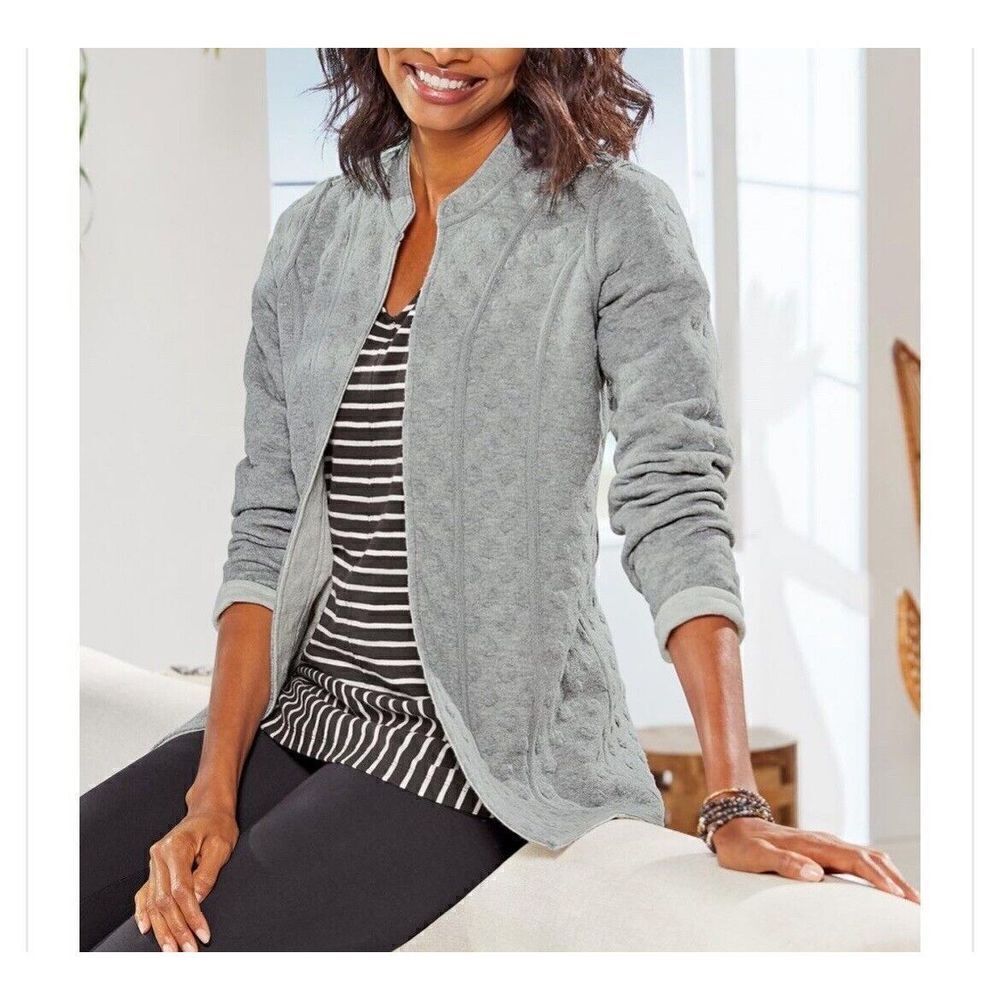 SOFT SURROUNDINGS Jackets Womens XS Gray Amarela Reversible Bubble-Knit Jacquard